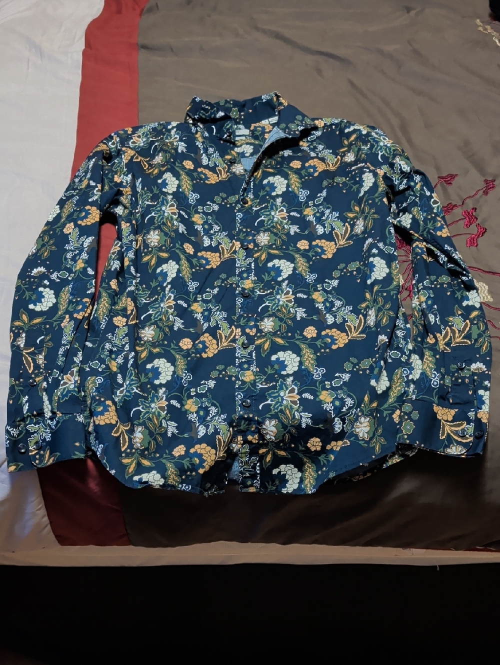 Jack & Jones Navy Floral Slim Fit Shirt with Yellow & Cream Accents